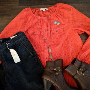 🍊 orange polka dot LOFT Size Large Blouse